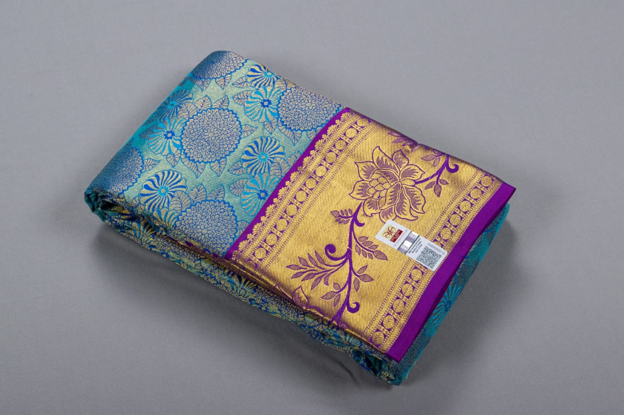 Kanchipuram Turquoise Blue With Purple Colour Saree