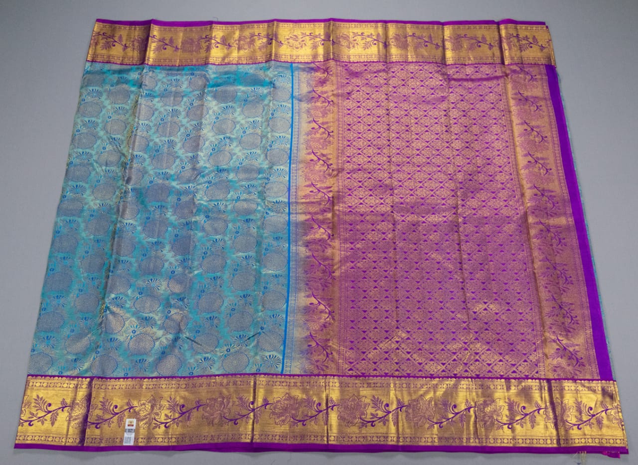 Kanchipuram Turquoise Blue With Purple Colour Saree