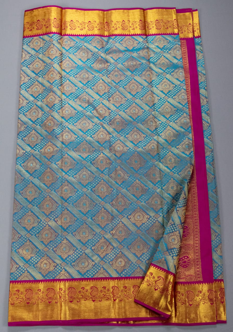 Kanchipuram Turquoise Blue With Purple Colour Saree