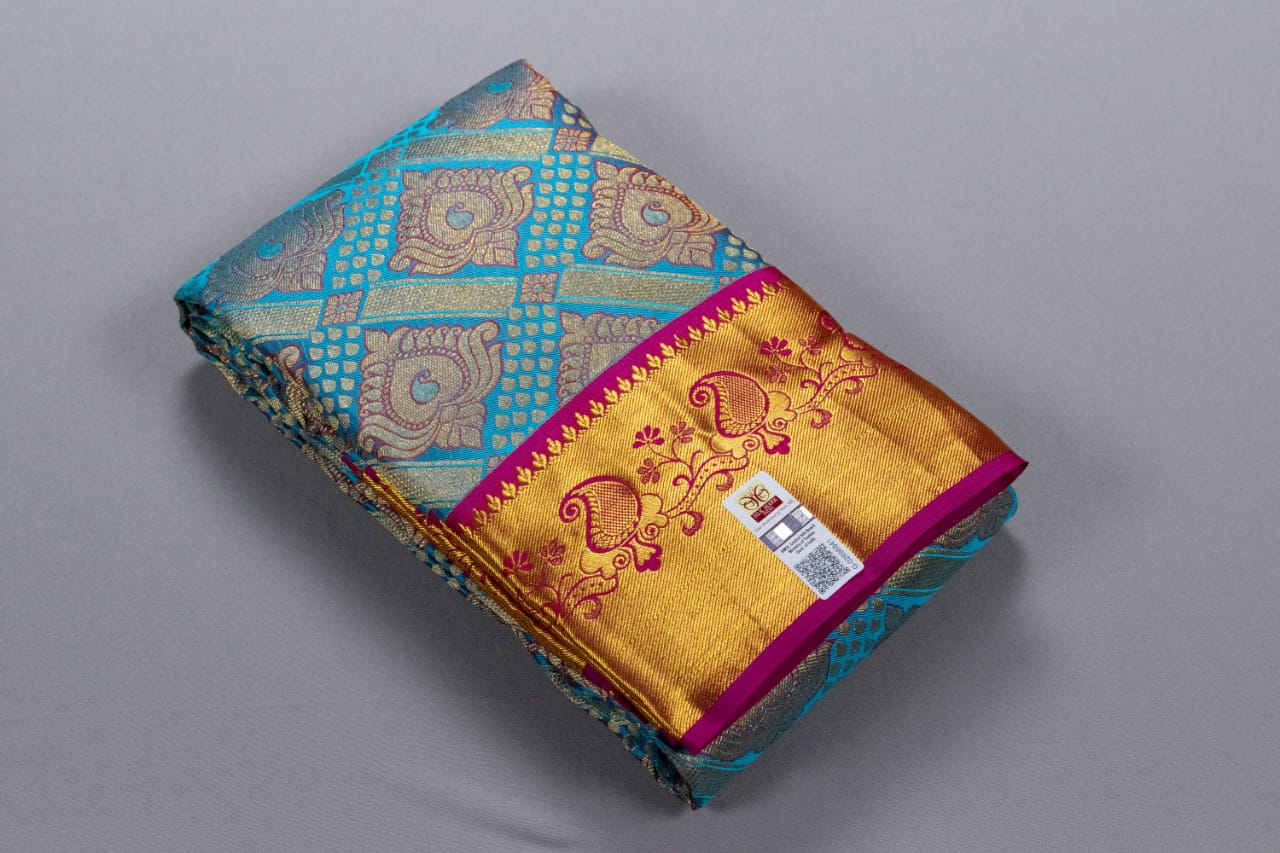 Kanchipuram Turquoise Blue With Purple Colour Saree