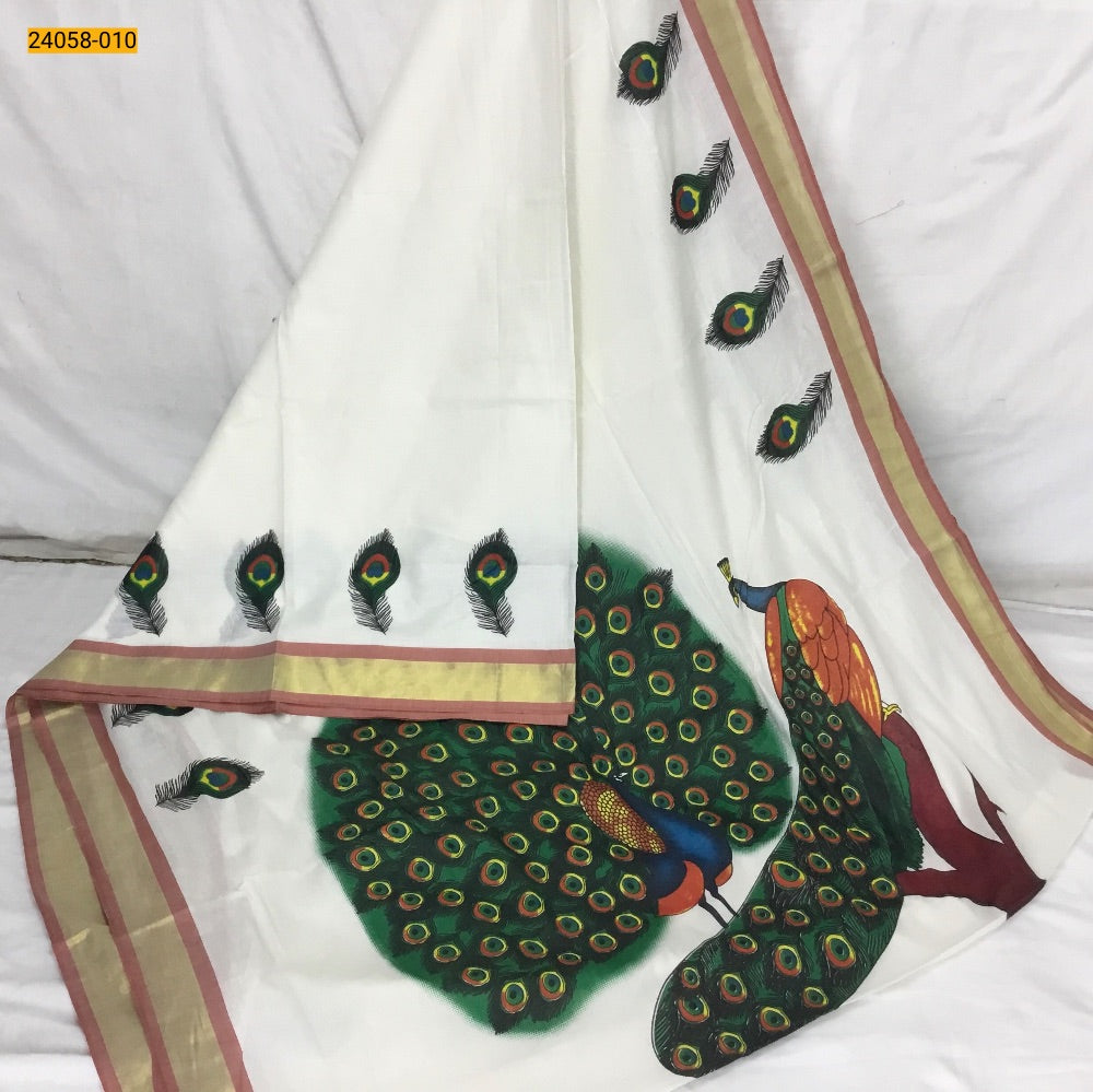 Kerala asthri mural printed cotton saree