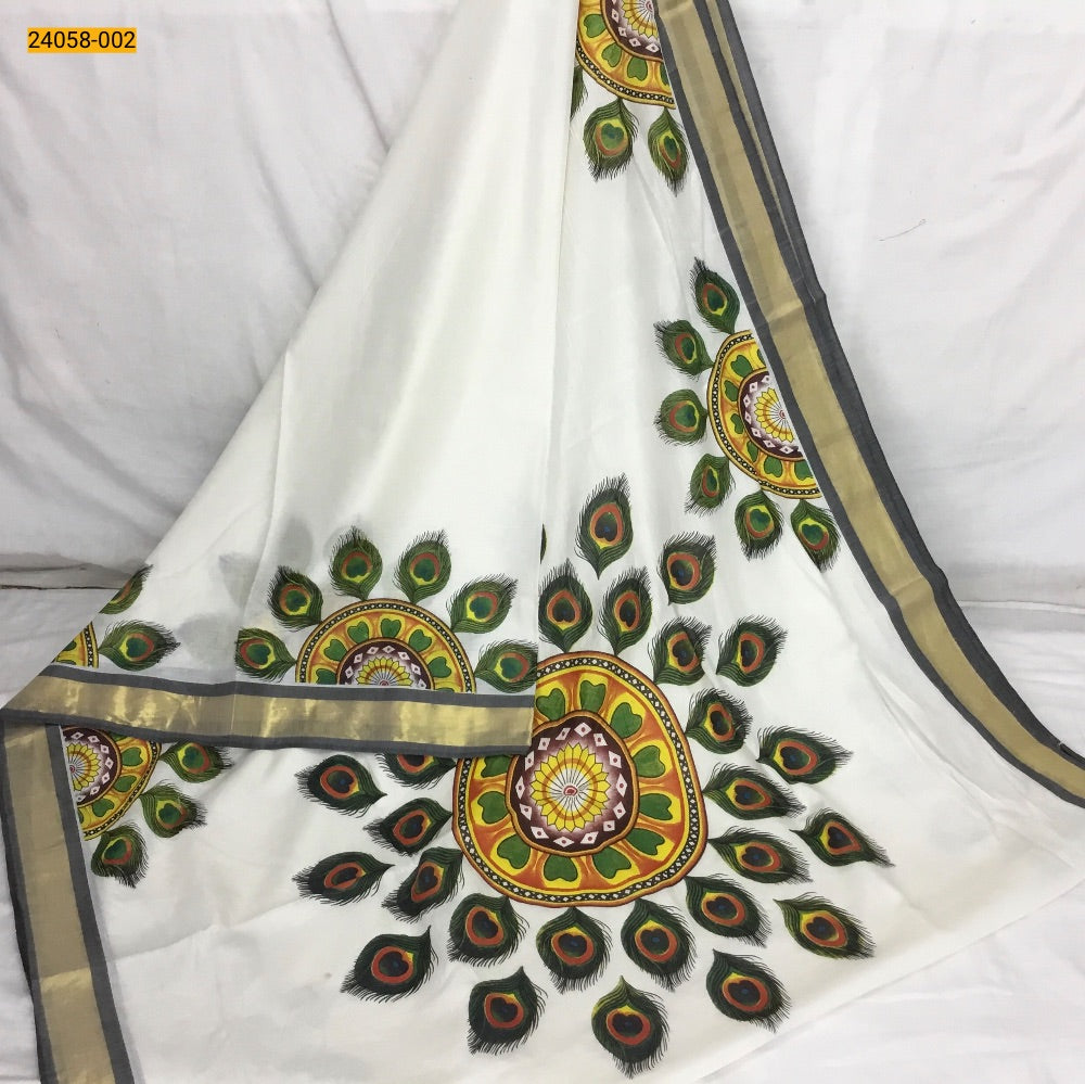 Kerala asthri mural printed cotton saree