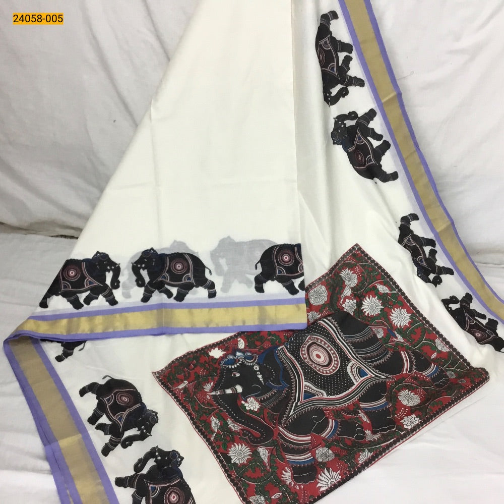 Kerala asthri mural printed cotton saree