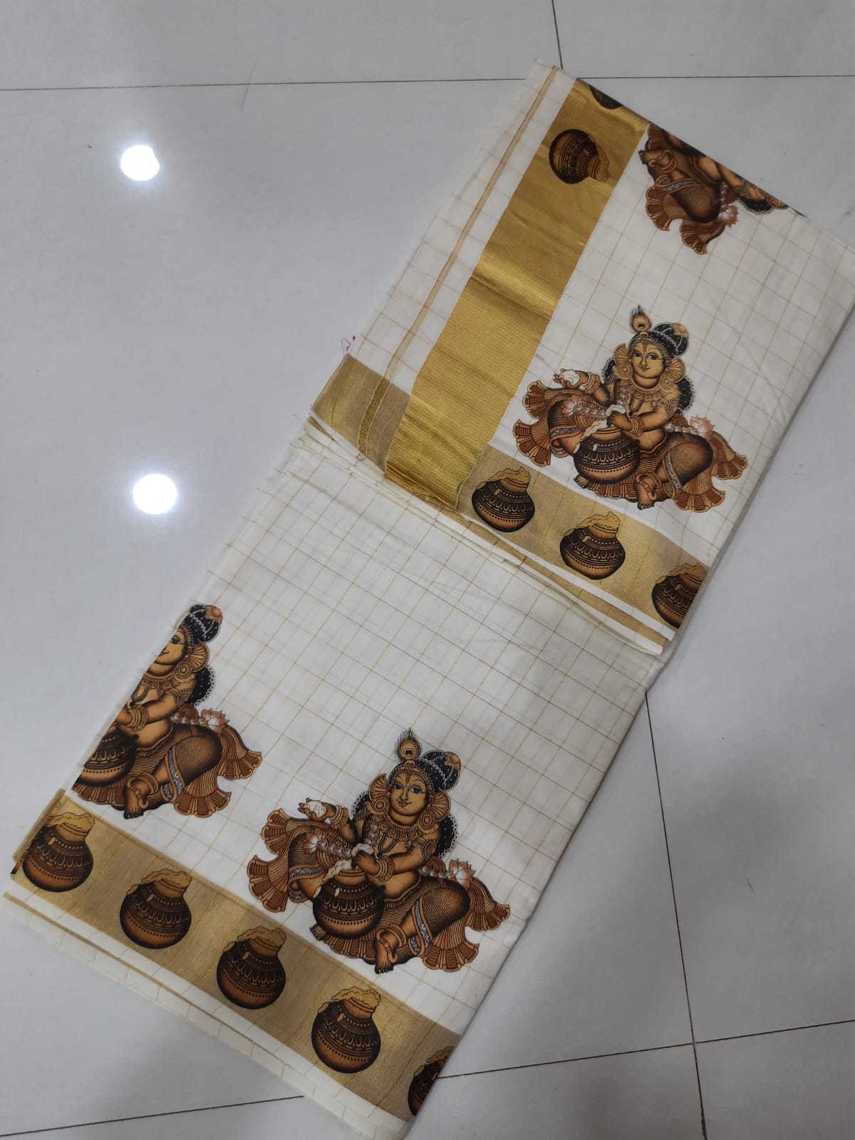 Cotton checked with mural printed saree