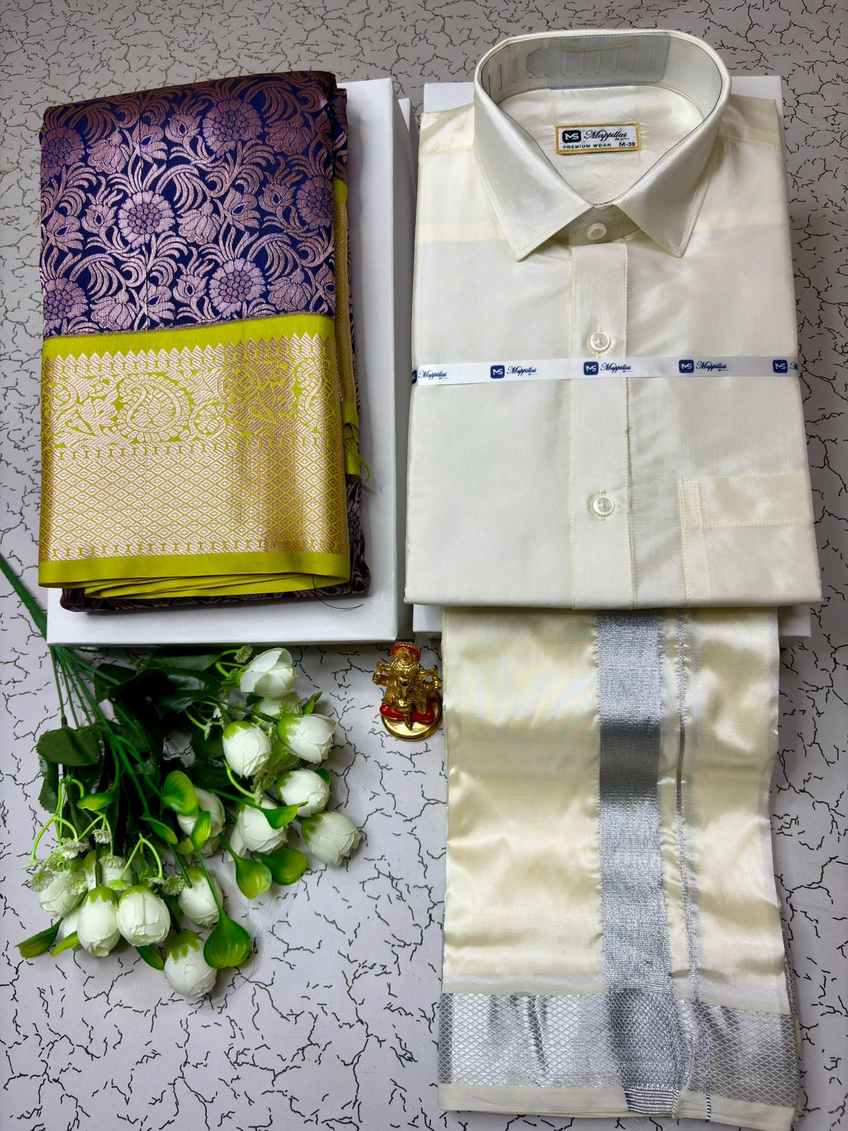 Royal Korvai Semi Silk Saree and Semi Silk Dhoti Shirt Couple Outfit