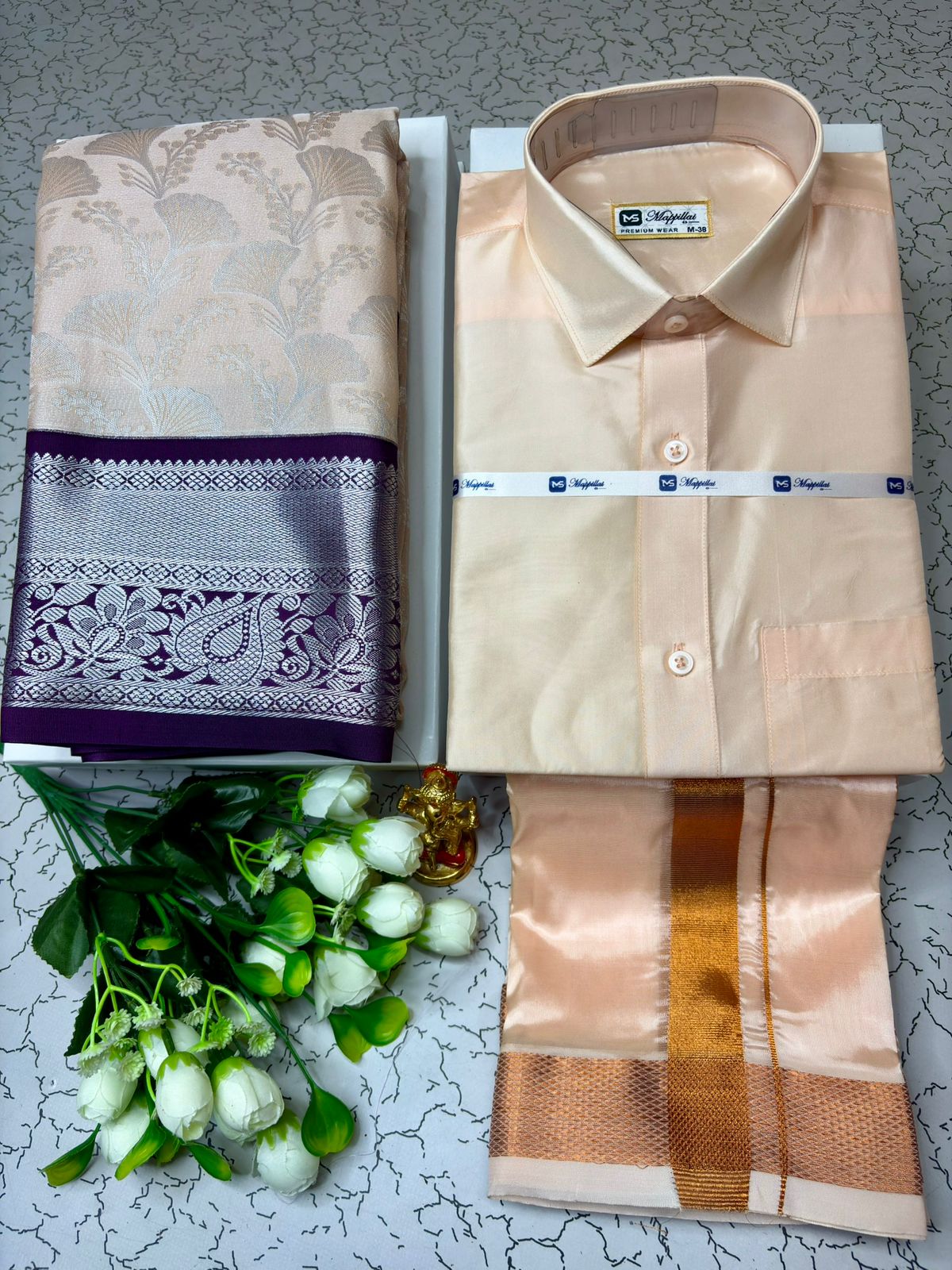 Cultural Korvai Semi Silk Saree & Semi Silk Dhoti Shirt Outfit for Couple