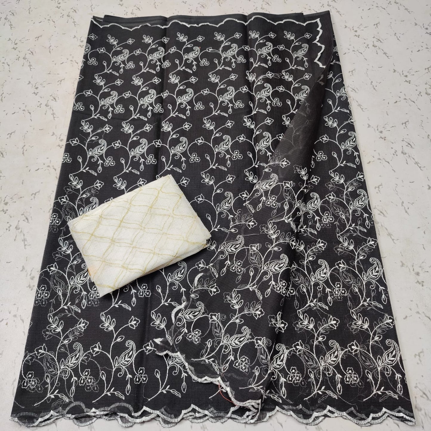 Kota doria mix cotton kangura cut work embroidery saree