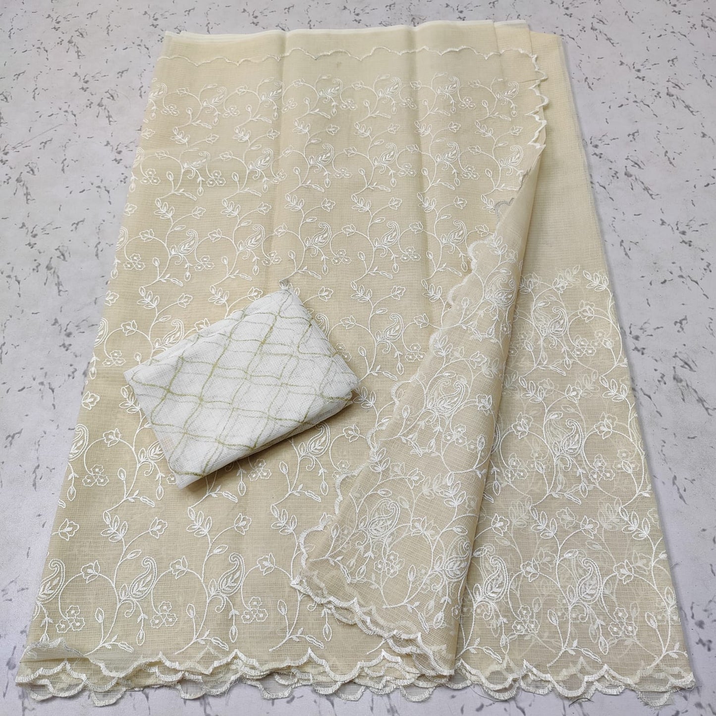 Kota doria mix cotton kangura cut work embroidery saree