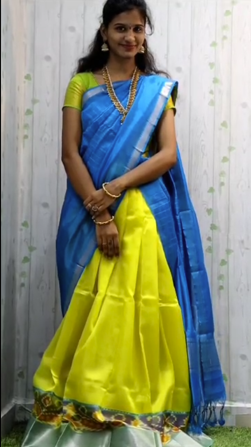 Mangalgiri pattu pochampalli silver zari border half saree