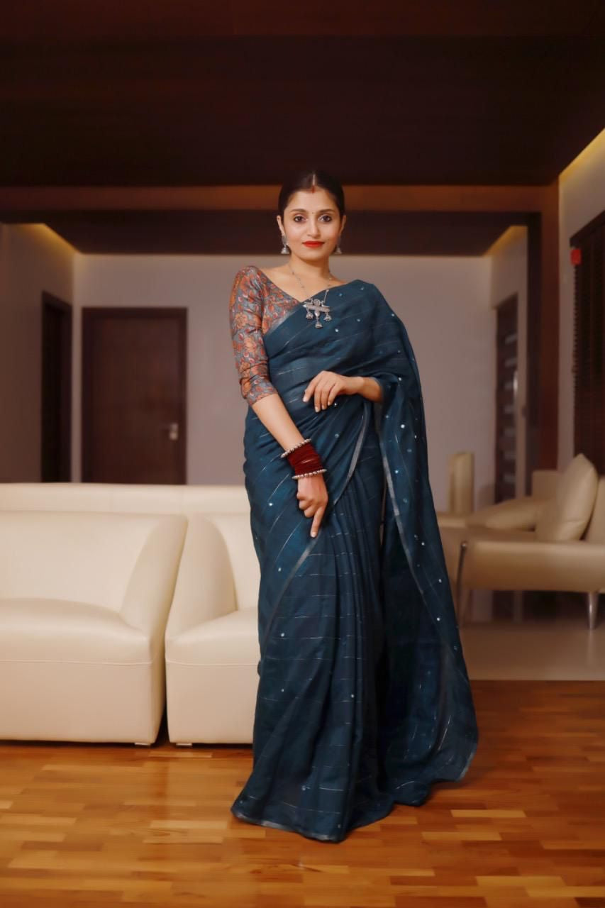 Linen with zari weaving checked saree