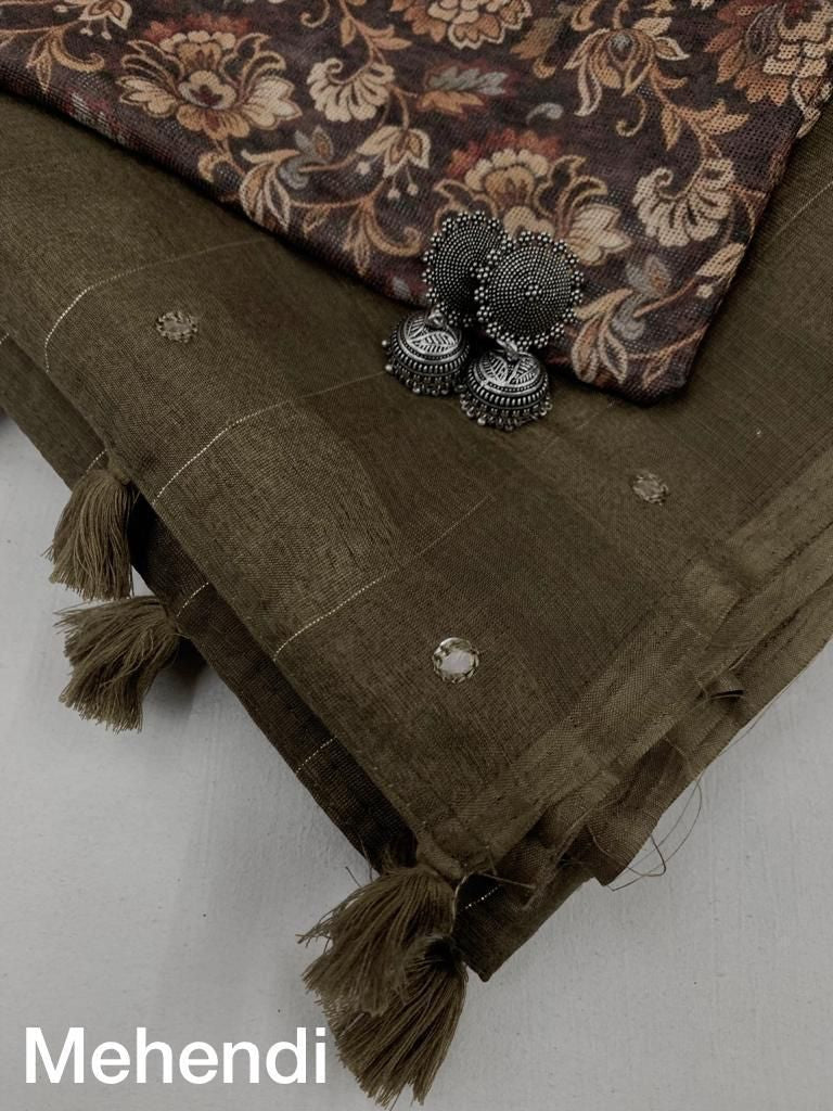 Linen with zari weaving checked saree