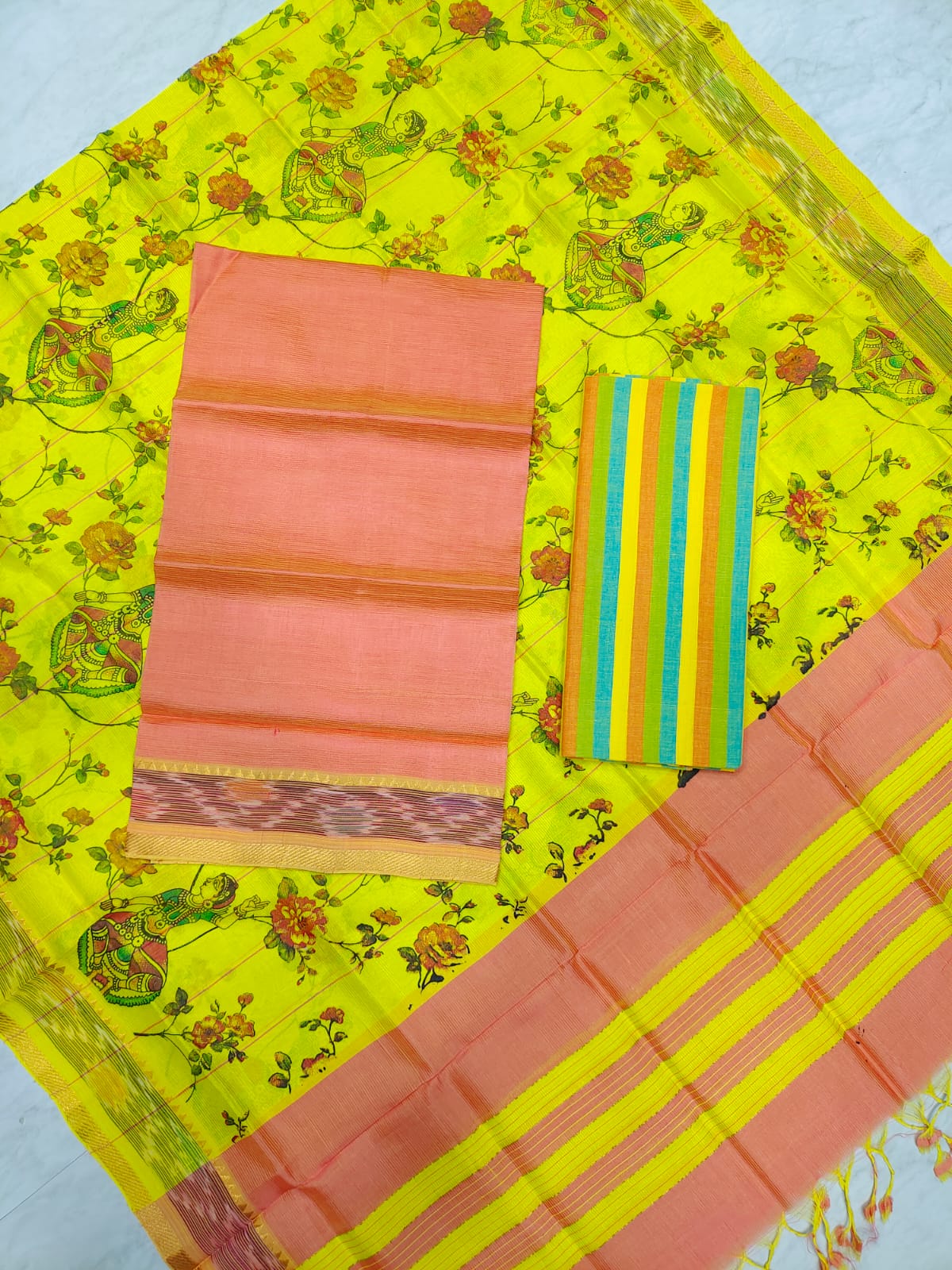 Mangalagiri pattu two side gold zari & pochampalli border digital printed dress material set