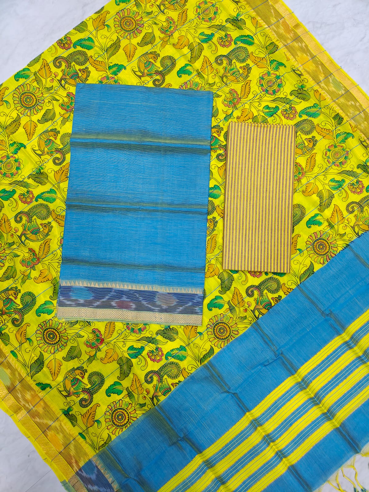 Mangalagiri pattu two side gold zari & pochampalli border digital printed dress material set