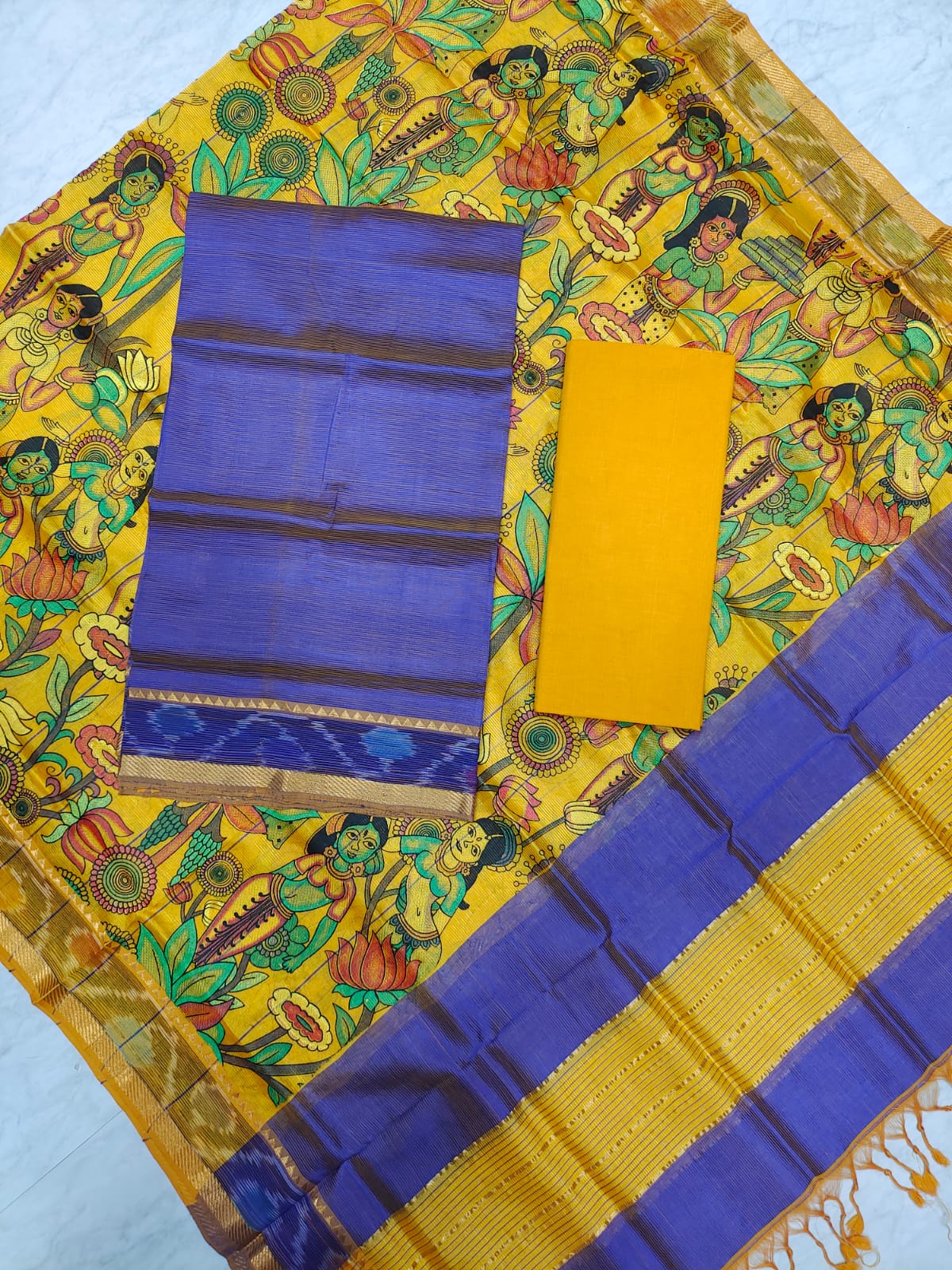 Mangalagiri pattu two side gold zari & pochampalli border digital printed dress material set