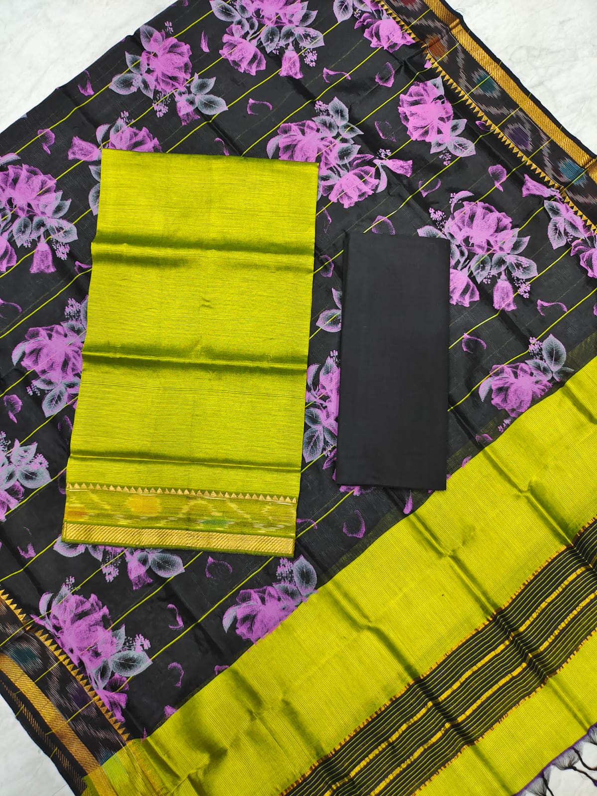 Mangalagiri pattu two side gold zari & pochampalli border digital printed dress material set