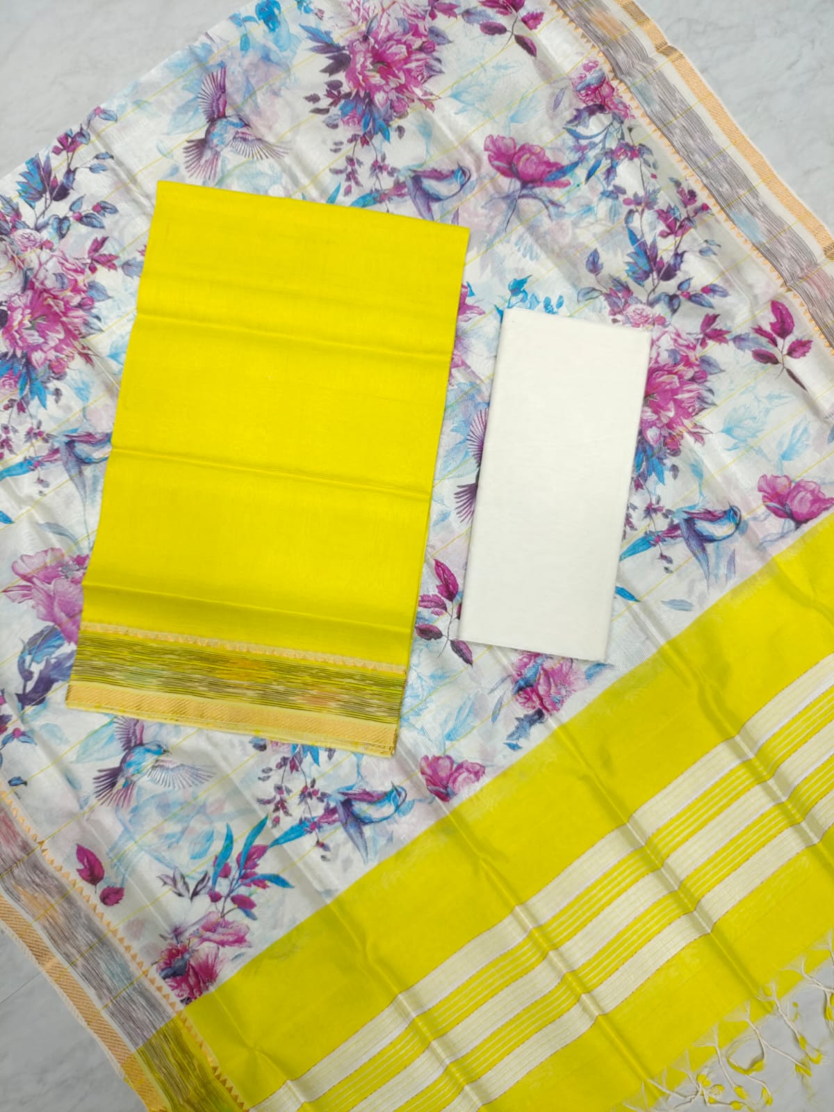 Mangalagiri pattu two side gold zari & pochampalli border digital printed dress material set