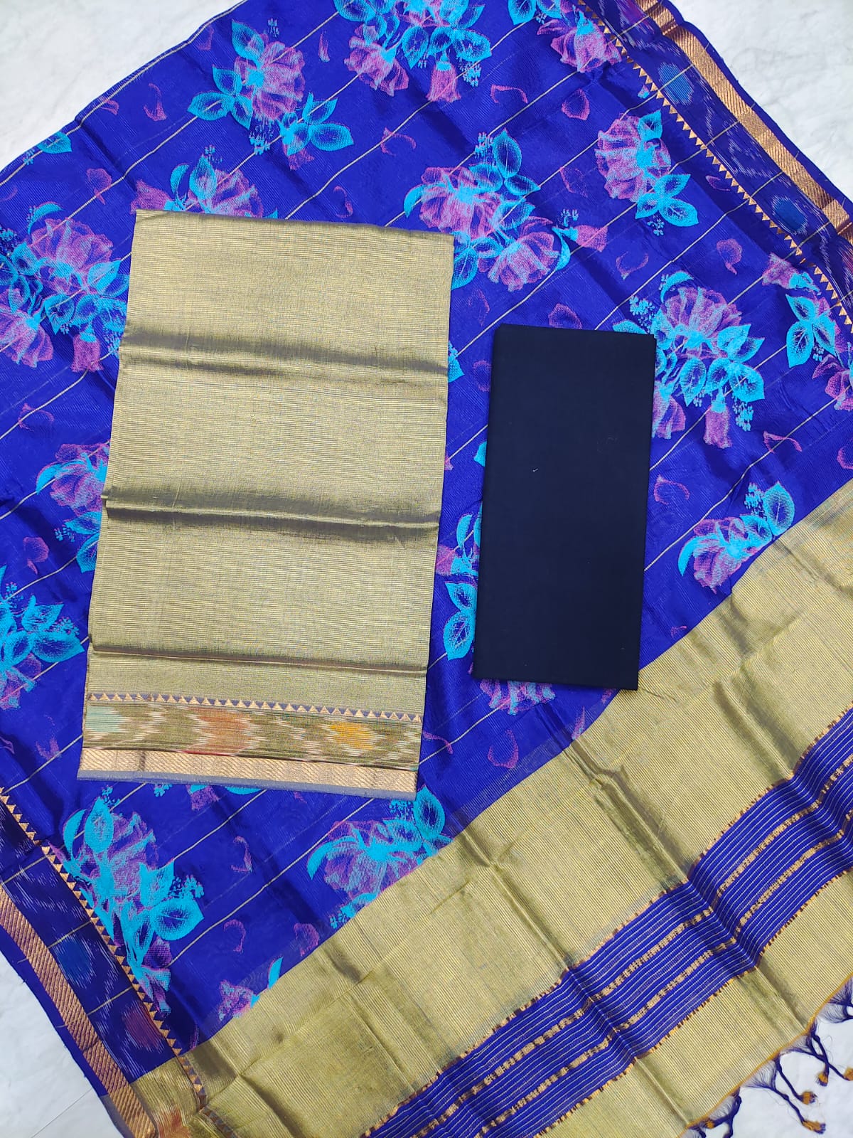 Mangalagiri pattu two side gold zari & pochampalli border digital printed dress material set