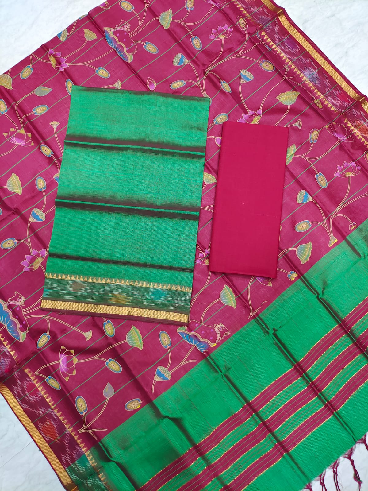 Mangalagiri pattu two side gold zari & pochampalli border digital printed dress material set