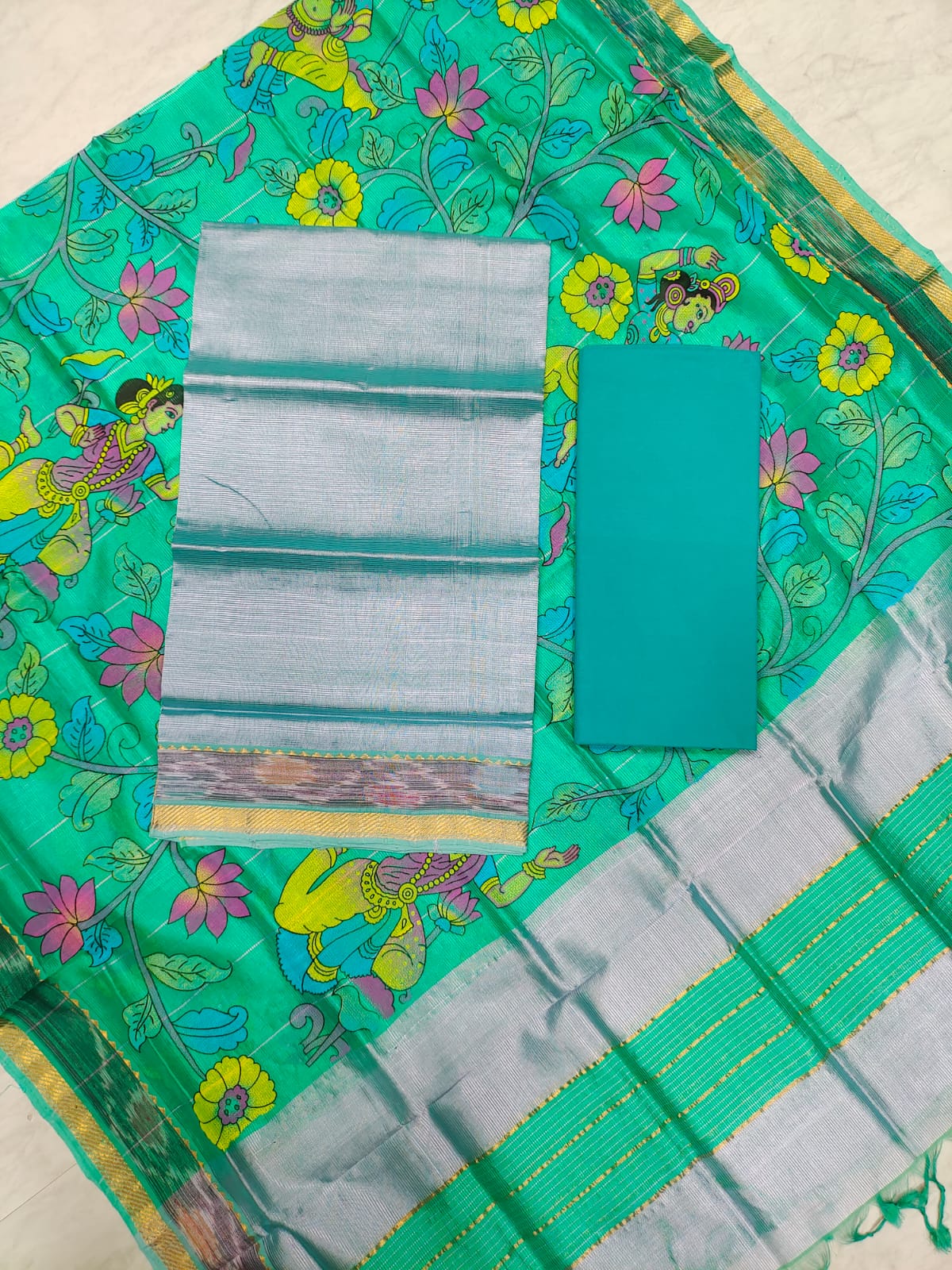 Mangalagiri pattu two side gold zari & pochampalli border digital printed dress material set