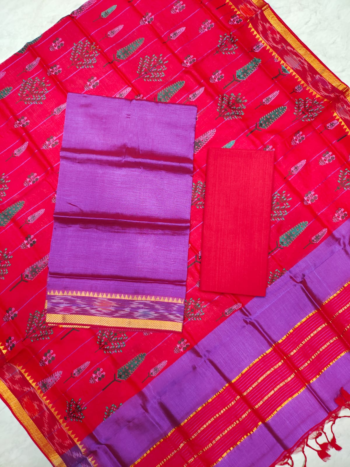 Mangalagiri pattu two side gold zari & pochampalli border digital printed dress material set