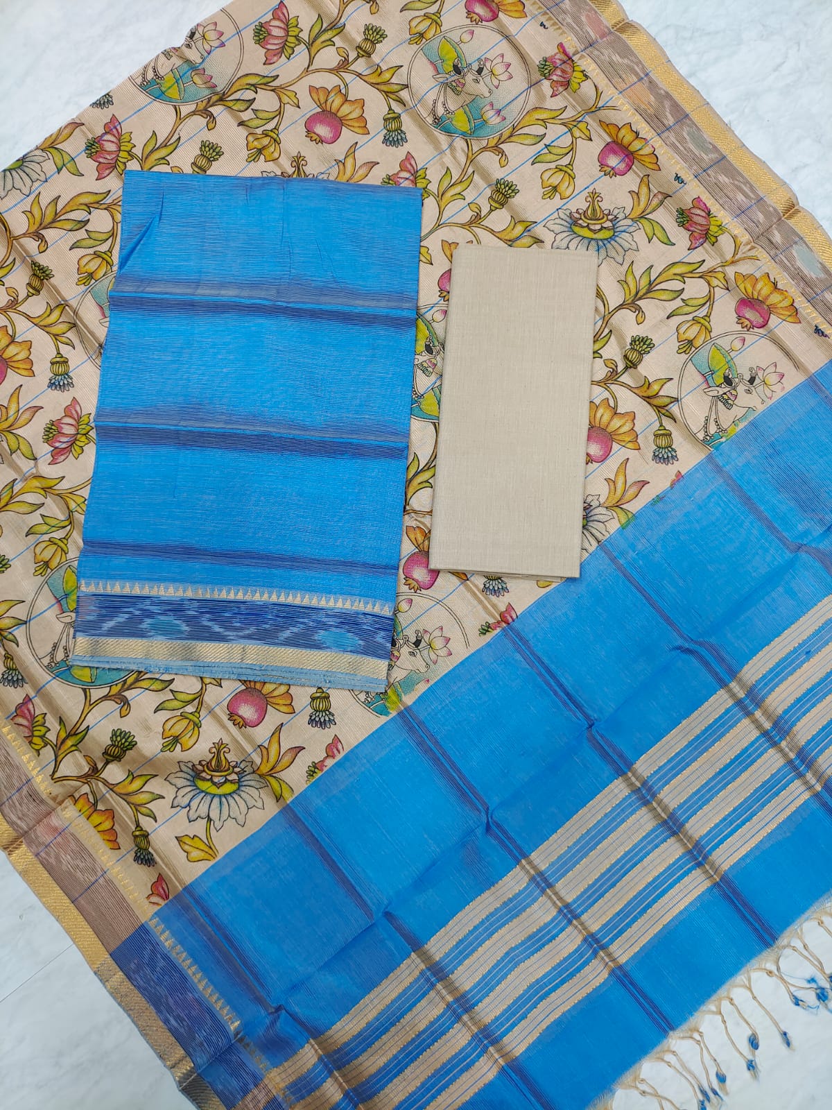 Mangalagiri pattu two side gold zari & pochampalli border digital printed dress material set