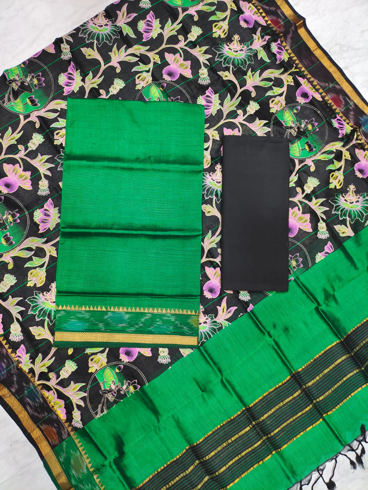 Mangalagiri pattu two side gold zari & pochampalli border digital printed dress material set