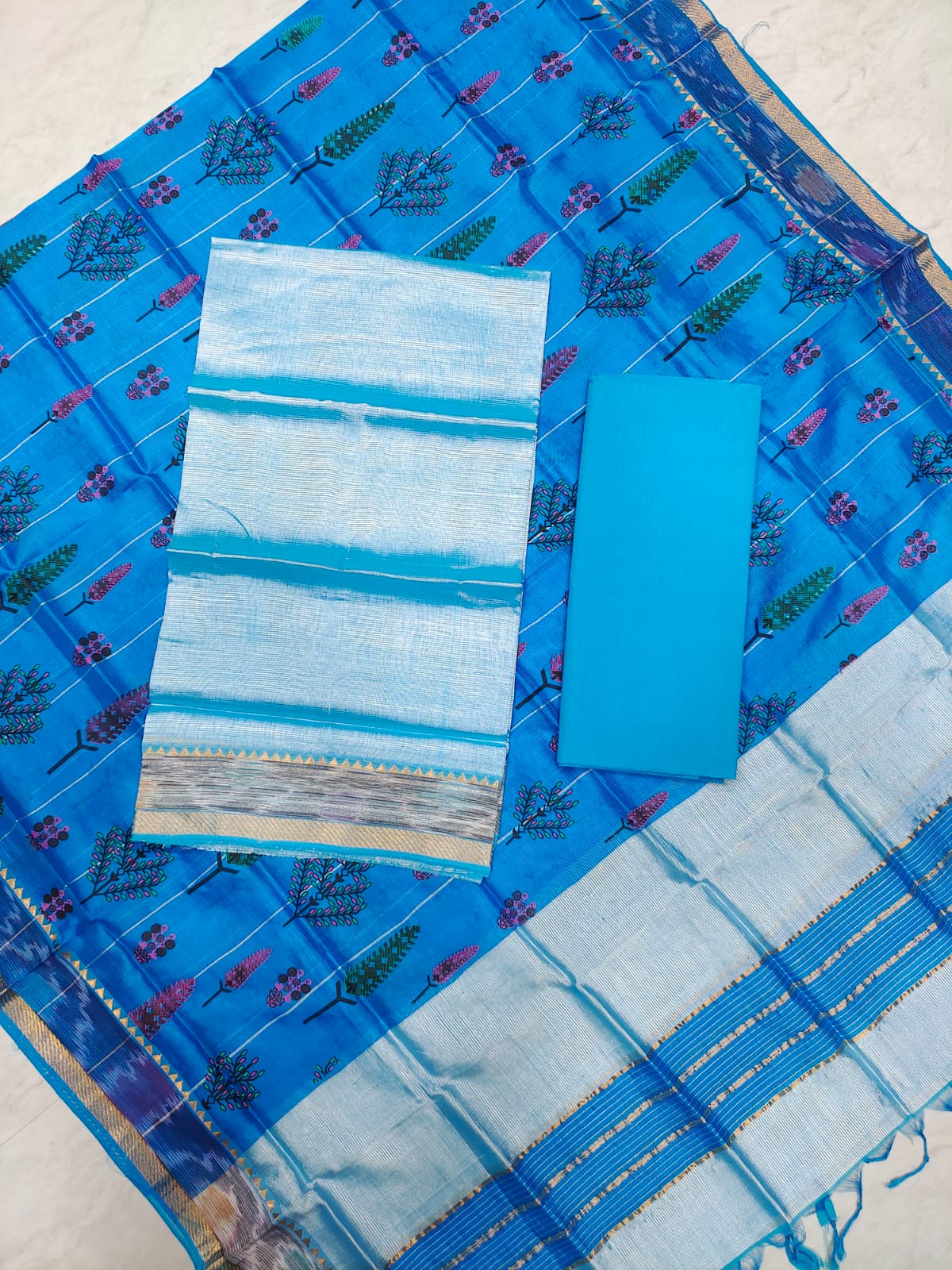Mangalagiri pattu two side gold zari & pochampalli border digital printed dress material set