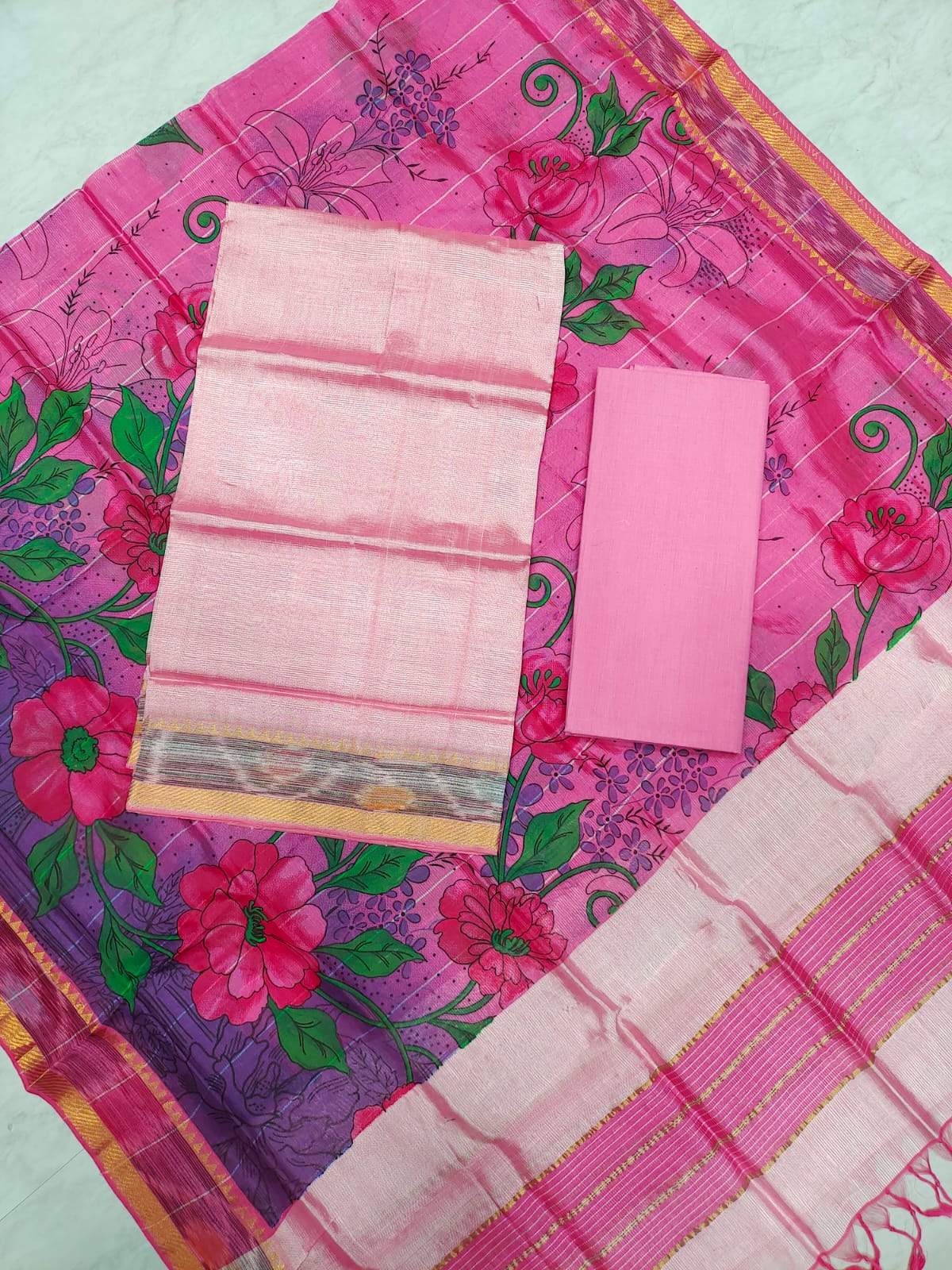 Mangalagiri pattu two side gold zari & pochampalli border digital printed dress material set