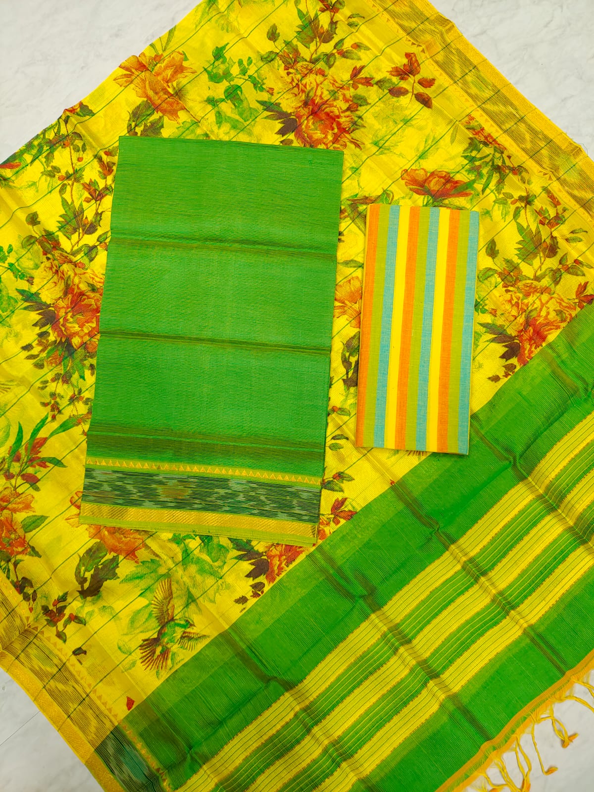 Mangalagiri pattu two side gold zari & pochampalli border digital printed dress material set
