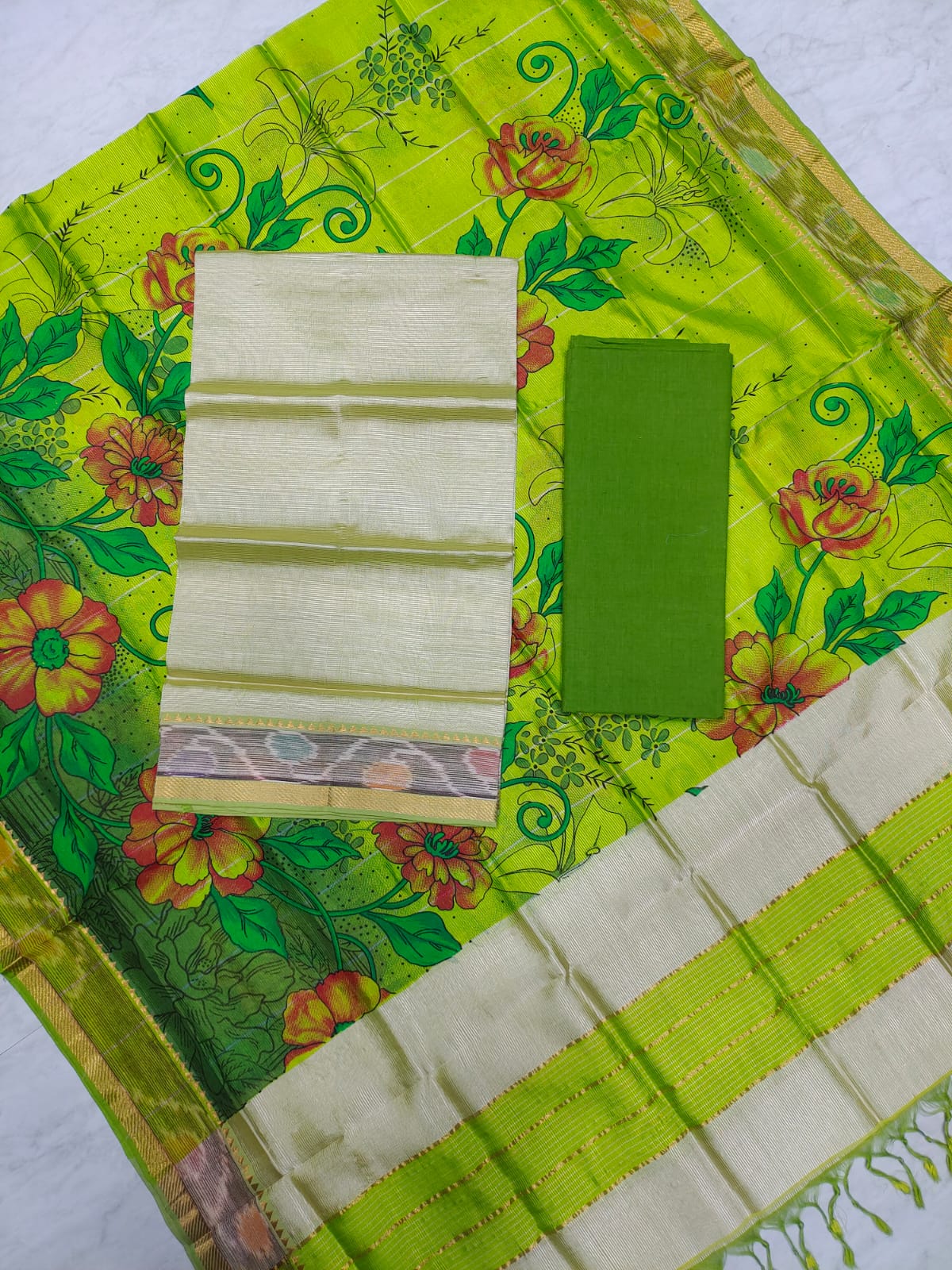 Mangalagiri pattu two side gold zari & pochampalli border digital printed dress material set