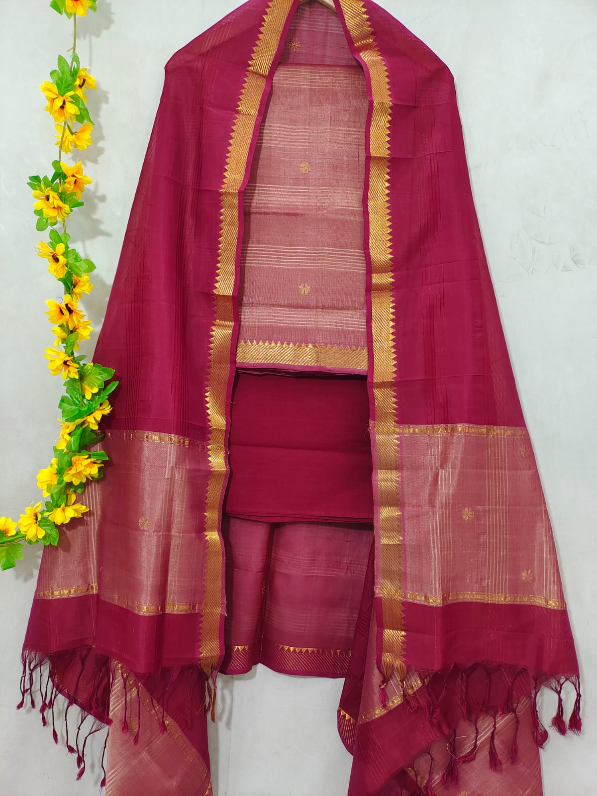 Mangalagiri pattu zari border zari buta work dress material set's (unstitched)