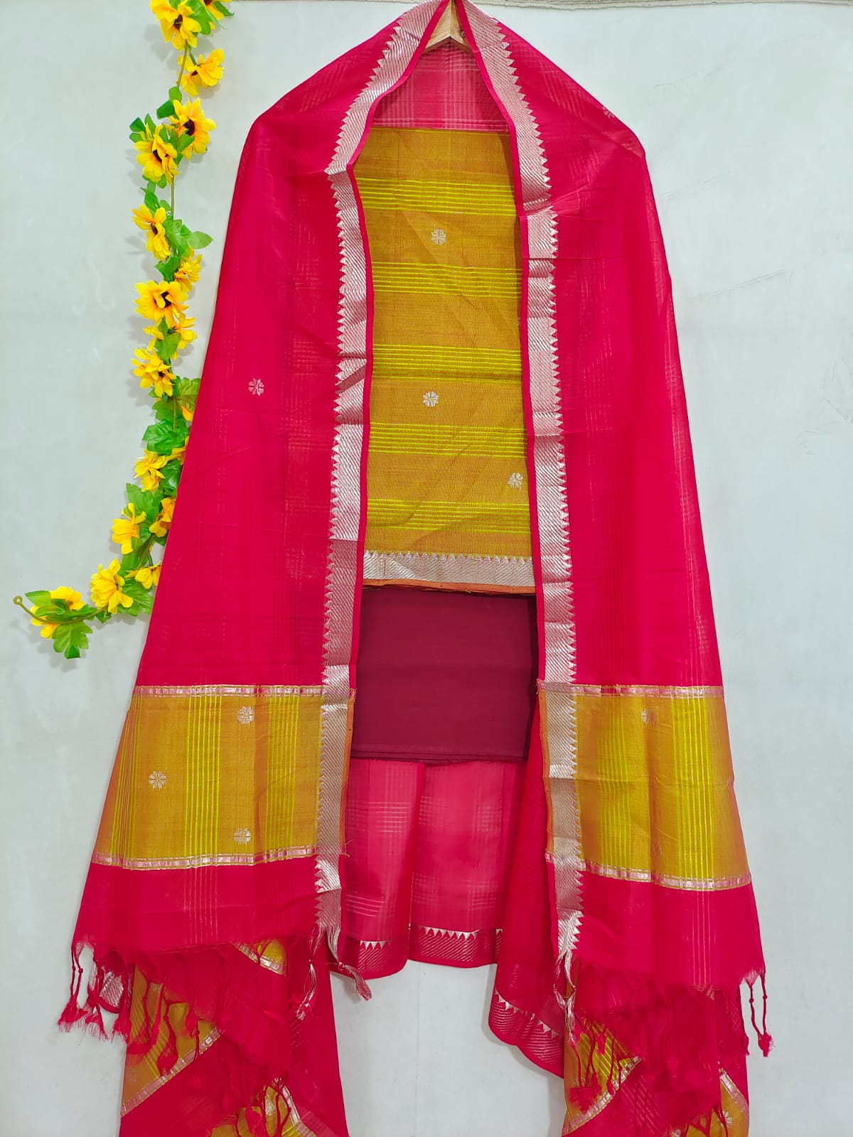 Mangalagiri pattu zari border zari buta work dress material set's (unstitched)