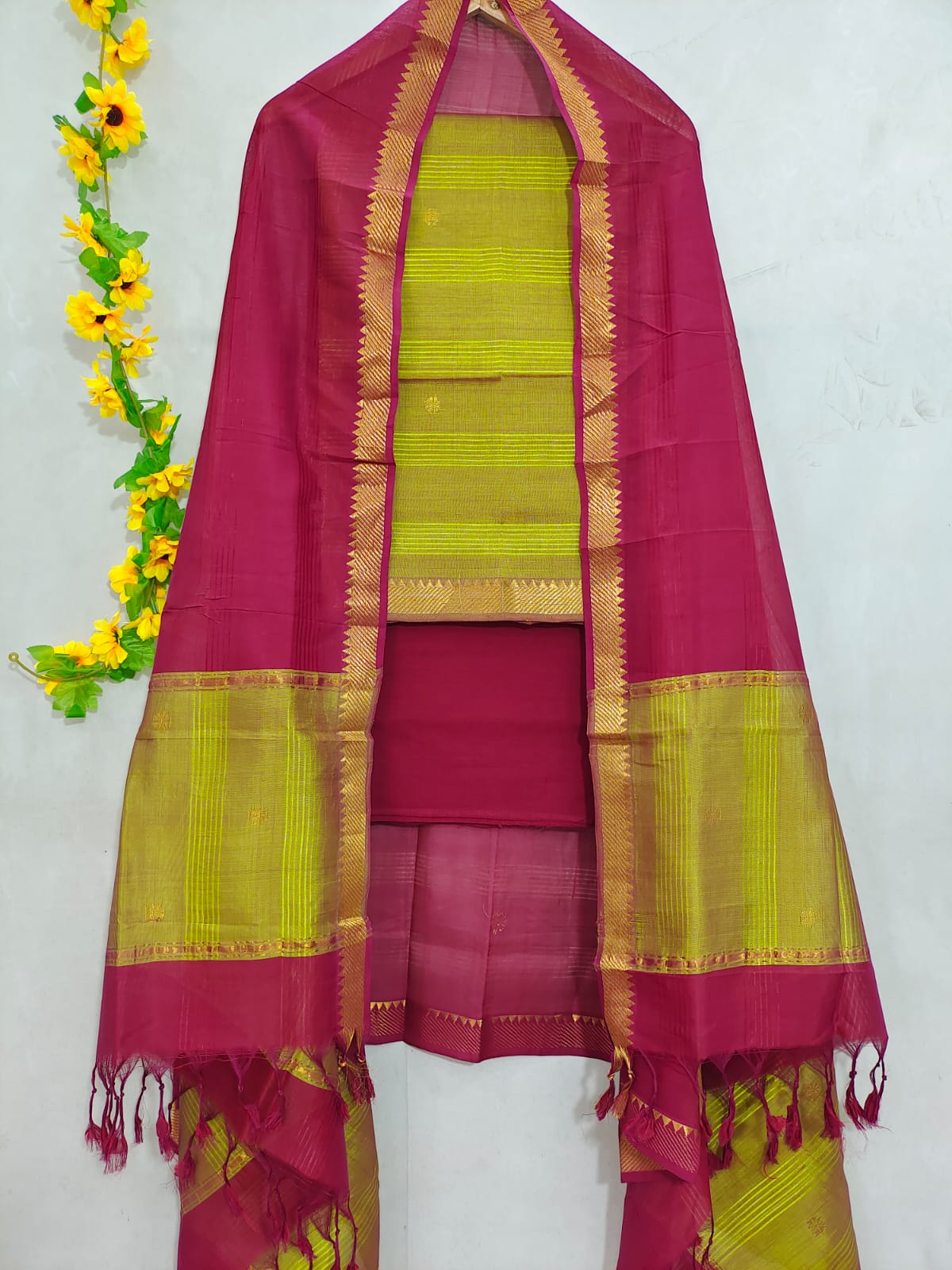 Mangalagiri pattu zari border zari buta work dress material set's (unstitched)