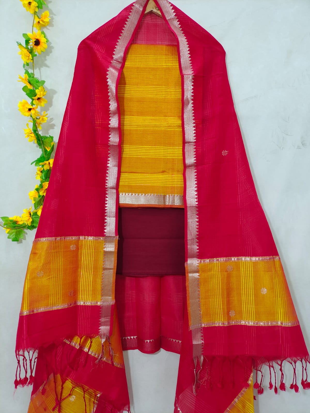Mangalagiri pattu zari border zari buta work dress material set's (unstitched)