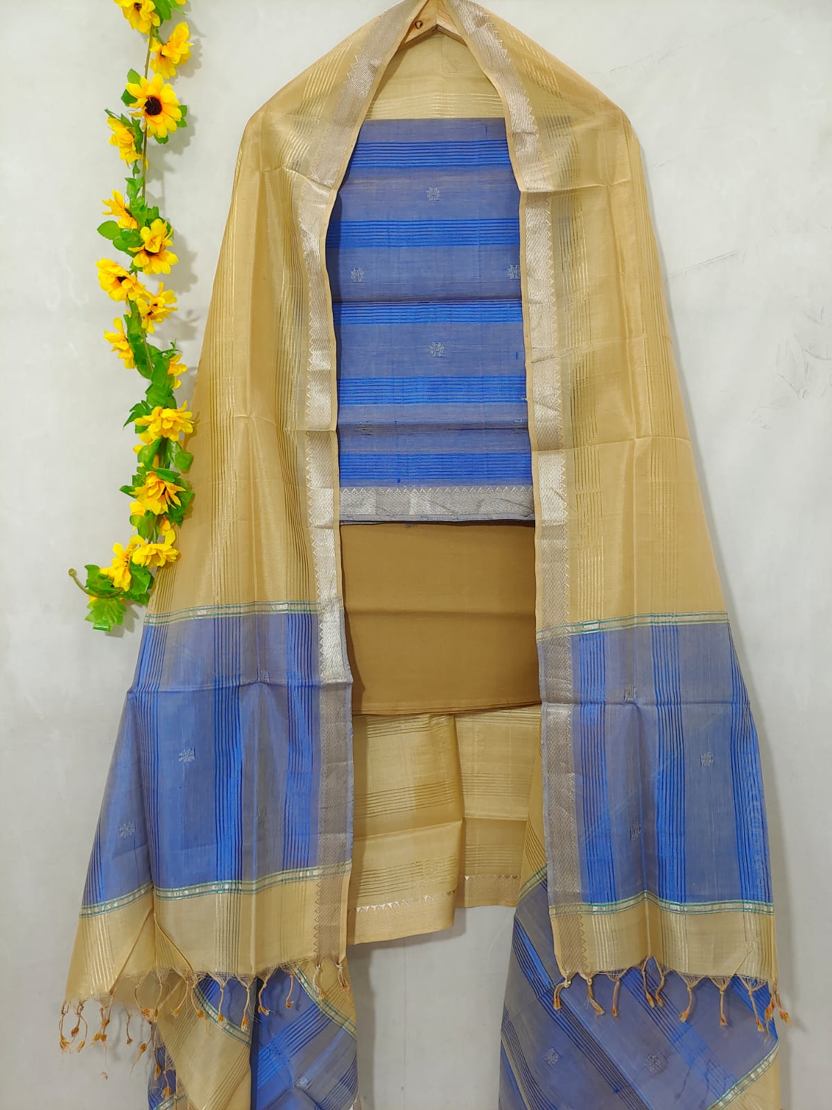 Mangalagiri pattu zari border zari buta work dress material set's (unstitched)