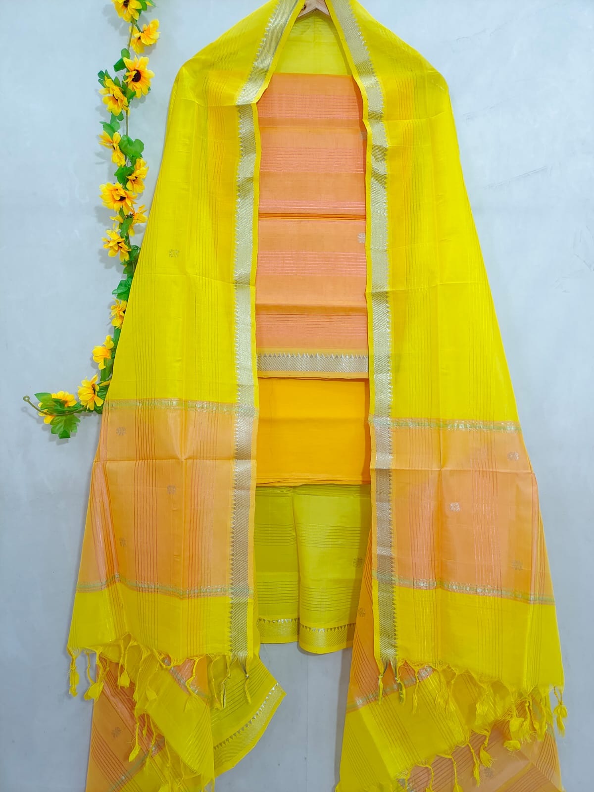 Mangalagiri pattu zari border zari buta work dress material set's (unstitched)