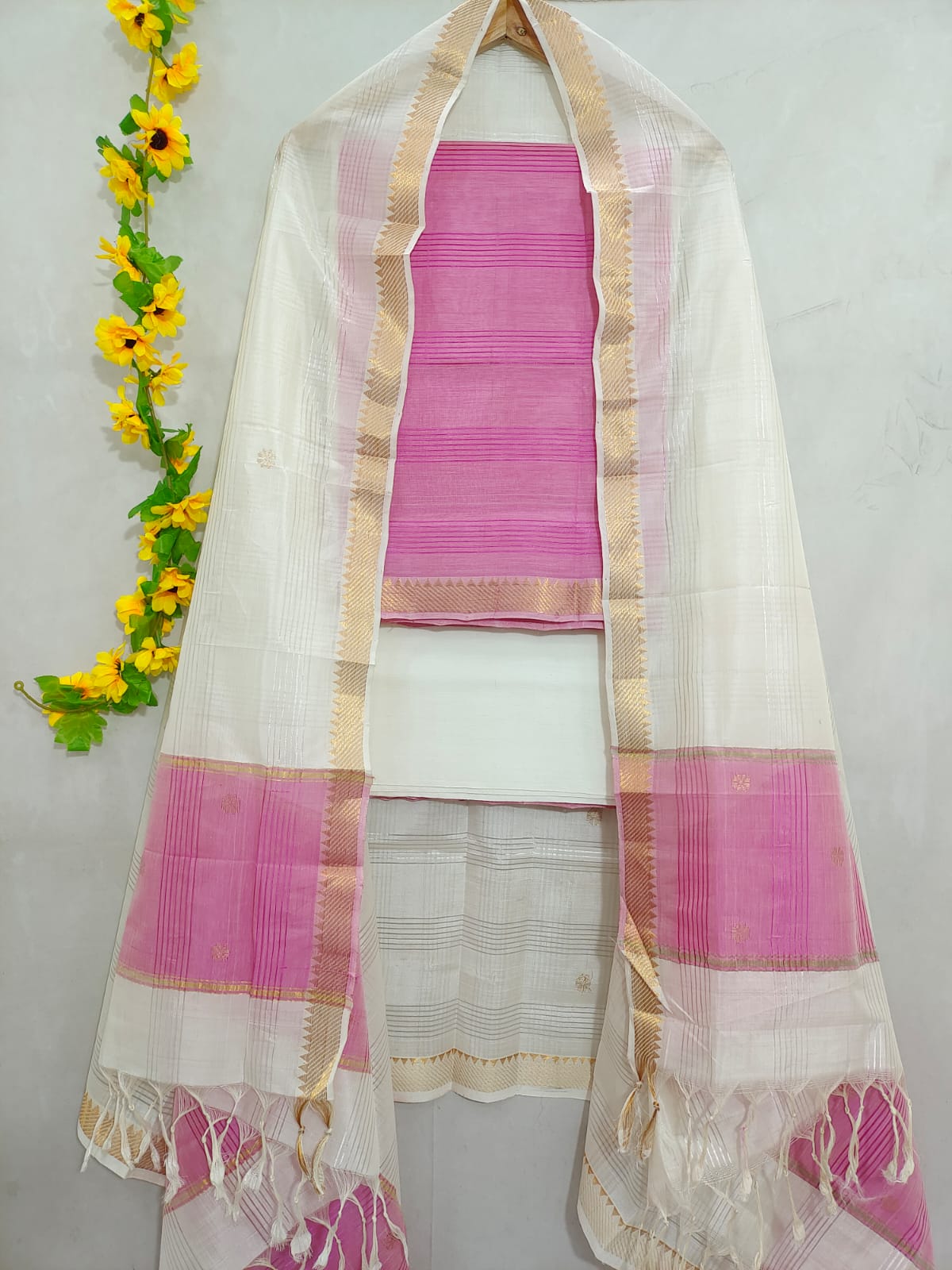 Mangalagiri pattu zari border zari buta work dress material set's (unstitched)
