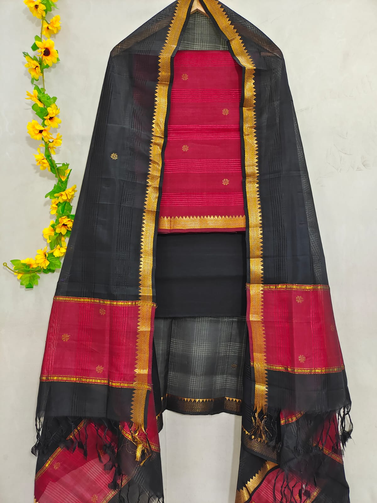 Mangalagiri pattu zari border zari buta work dress material set's (unstitched)