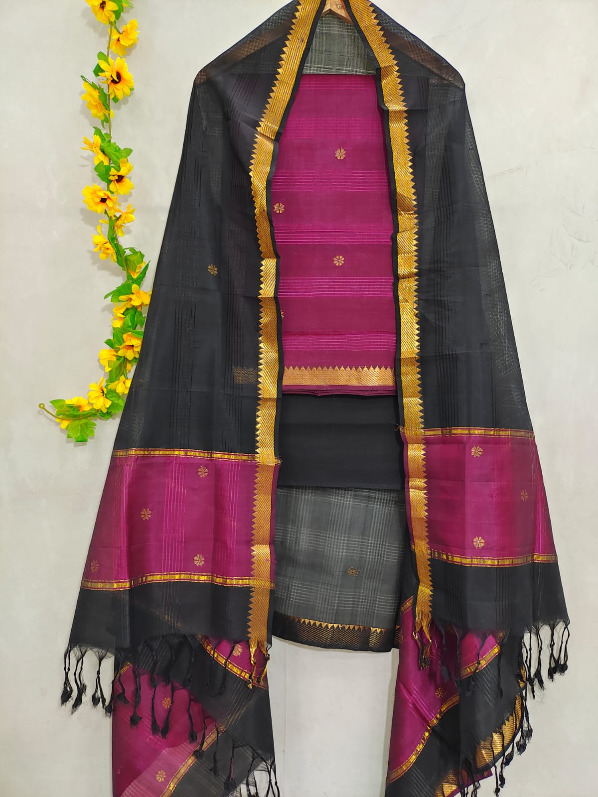 Mangalagiri pattu zari border zari buta work dress material set's (unstitched)