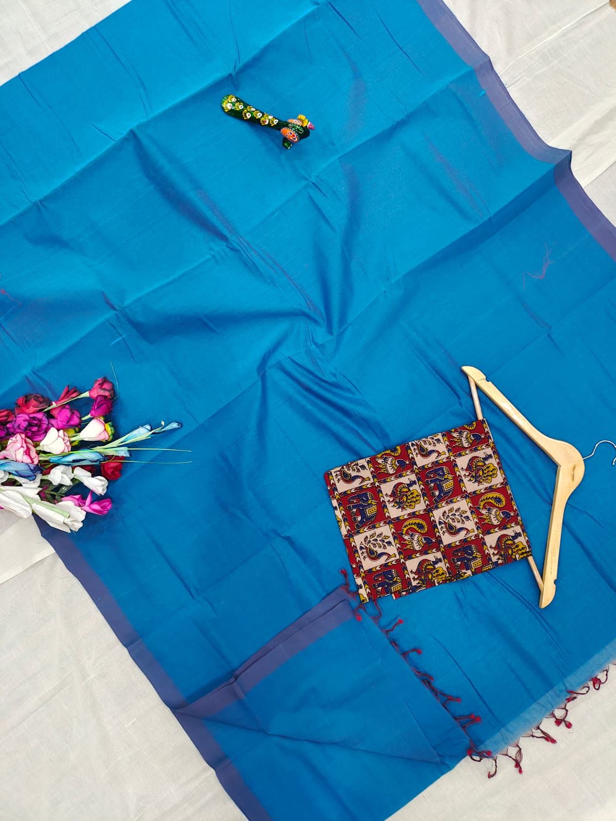 Mangalagiri pure handloom cotton plain double blouse saree