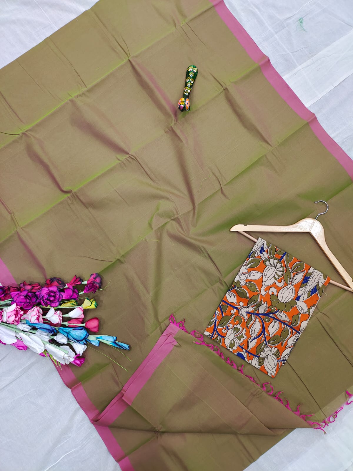 Mangalagiri pure handloom cotton plain double blouse saree