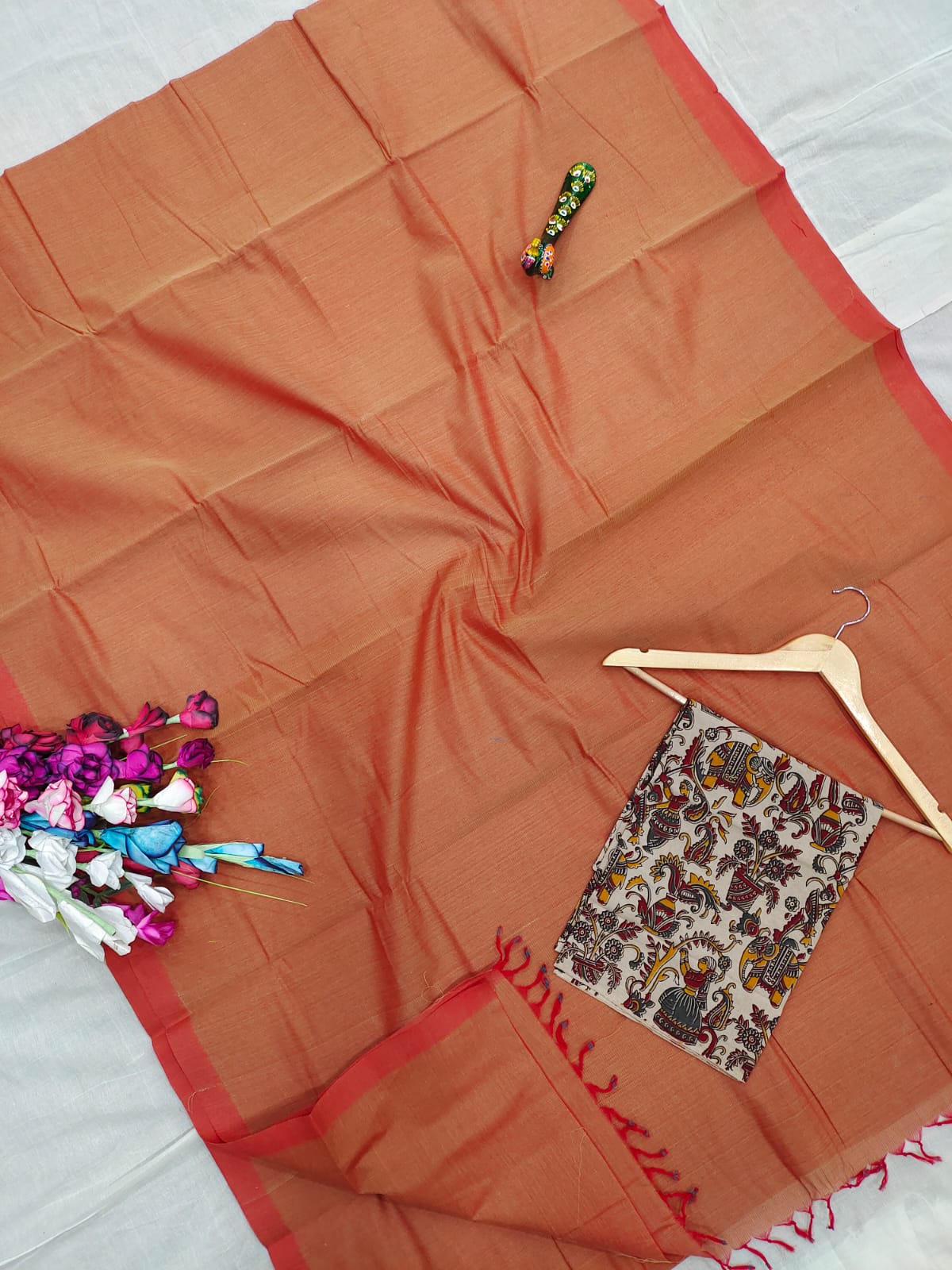 Mangalagiri pure handloom cotton plain double blouse saree