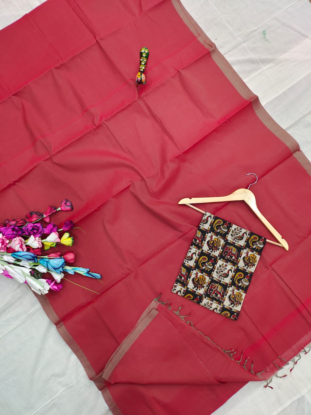 Mangalagiri pure handloom cotton plain double blouse saree