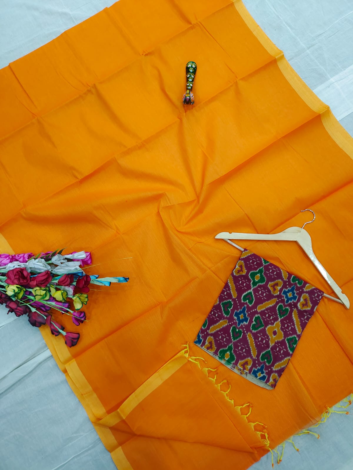 Mangalagiri pure handloom cotton plain double blouse saree