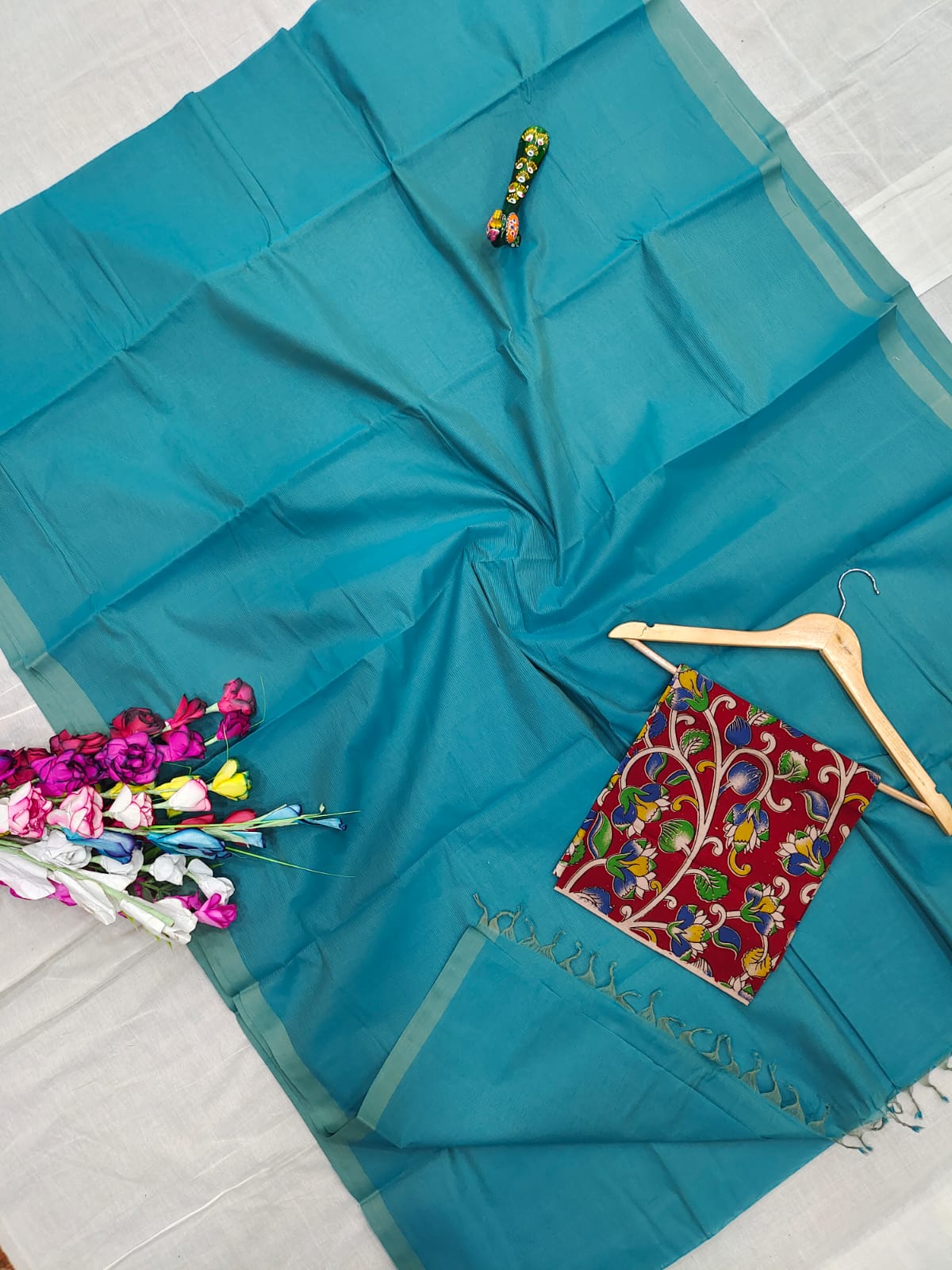 Mangalagiri pure handloom cotton plain double blouse saree