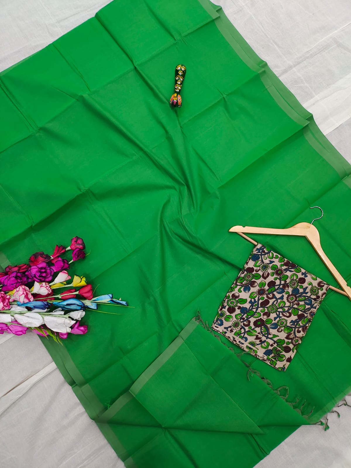 Mangalagiri pure handloom cotton plain double blouse saree