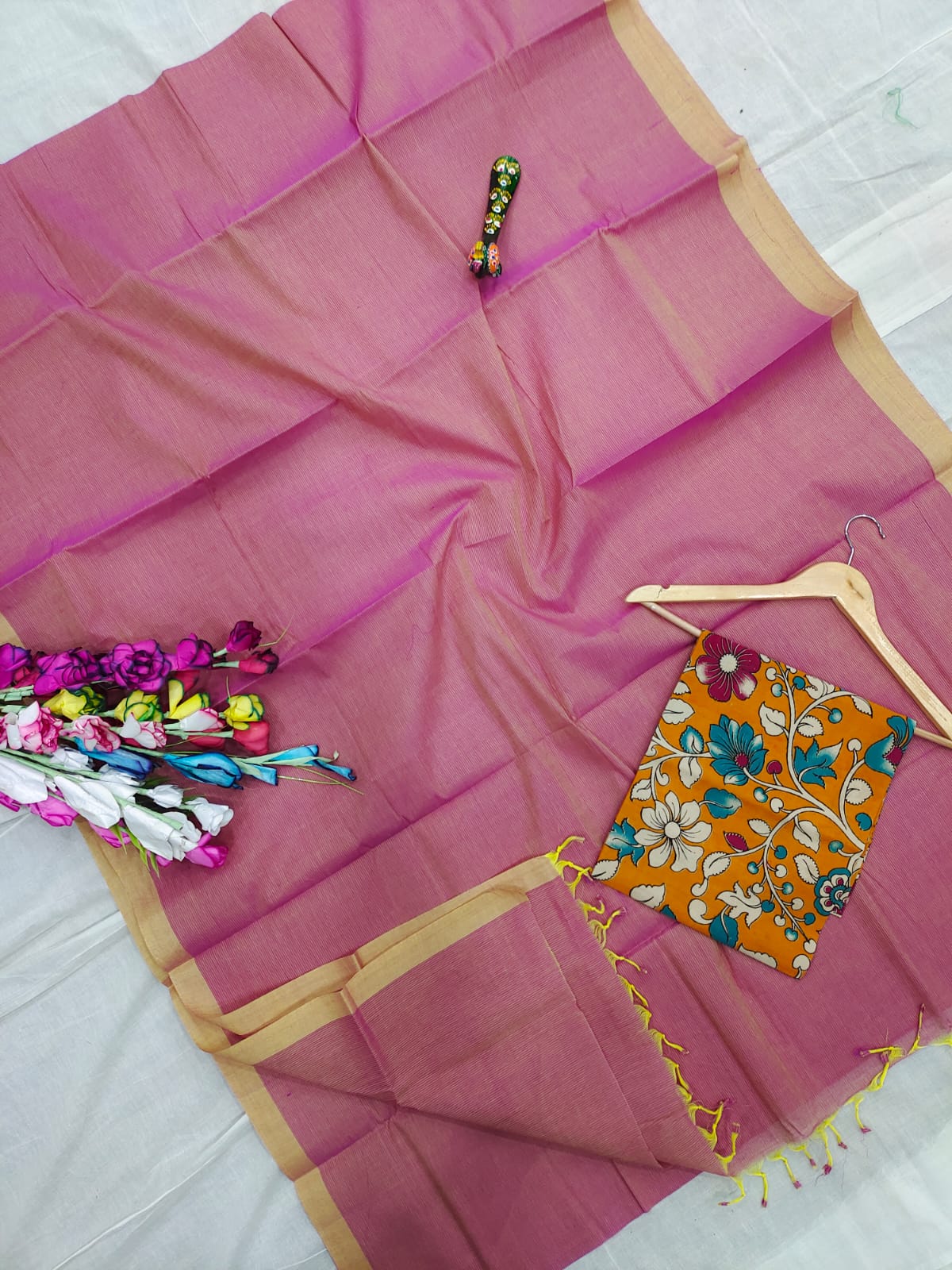 Mangalagiri pure handloom cotton plain double blouse saree