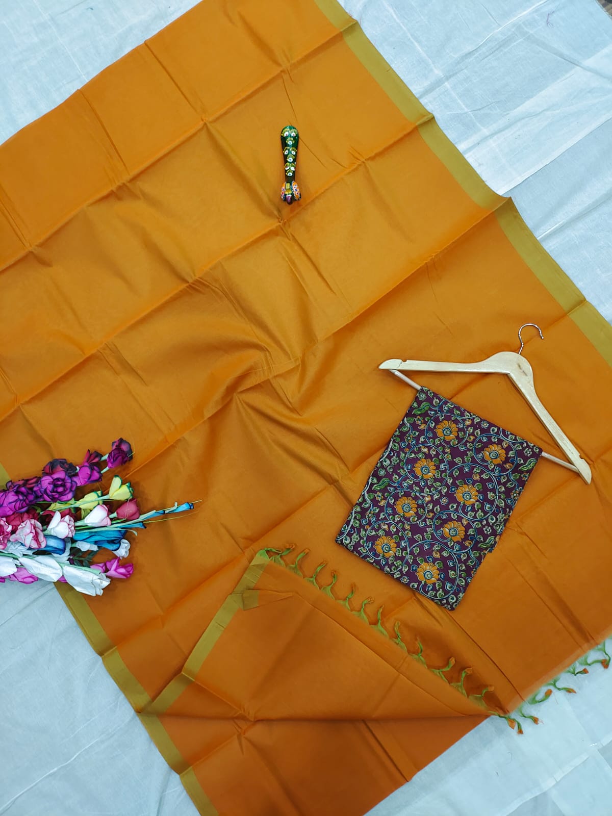 Mangalagiri pure handloom cotton plain double blouse saree