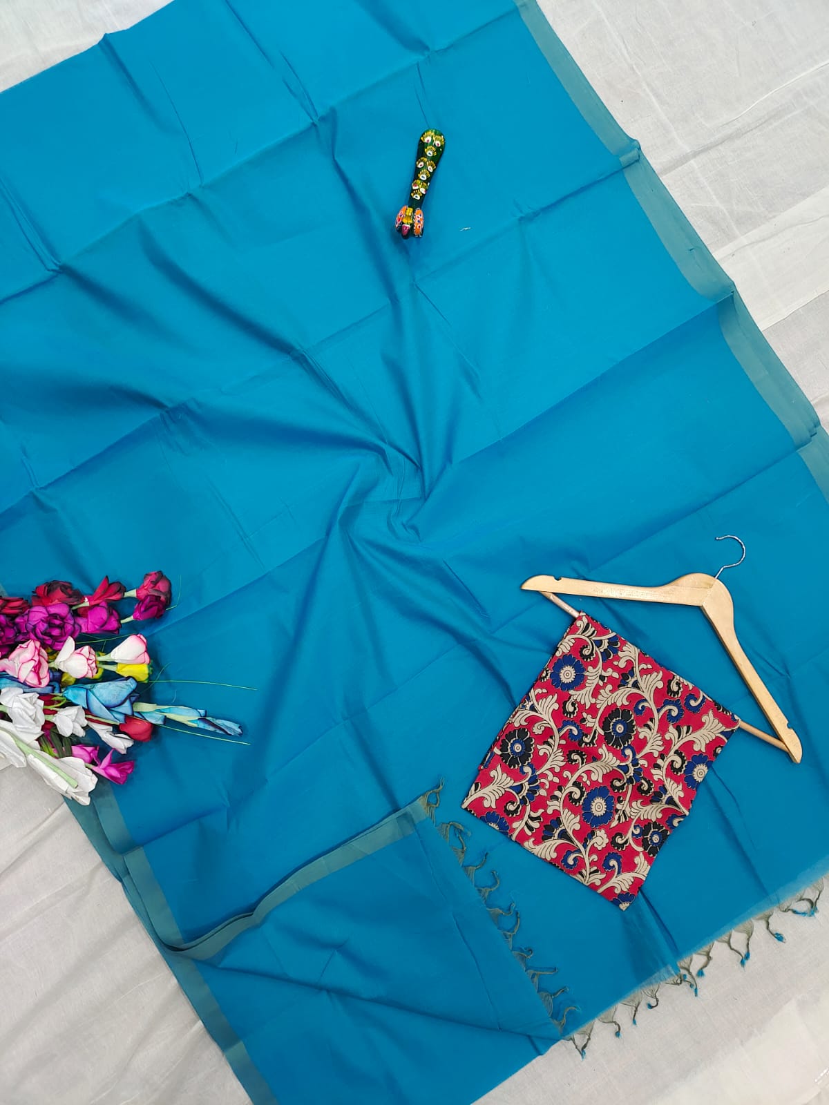 Mangalagiri pure handloom cotton plain double blouse saree