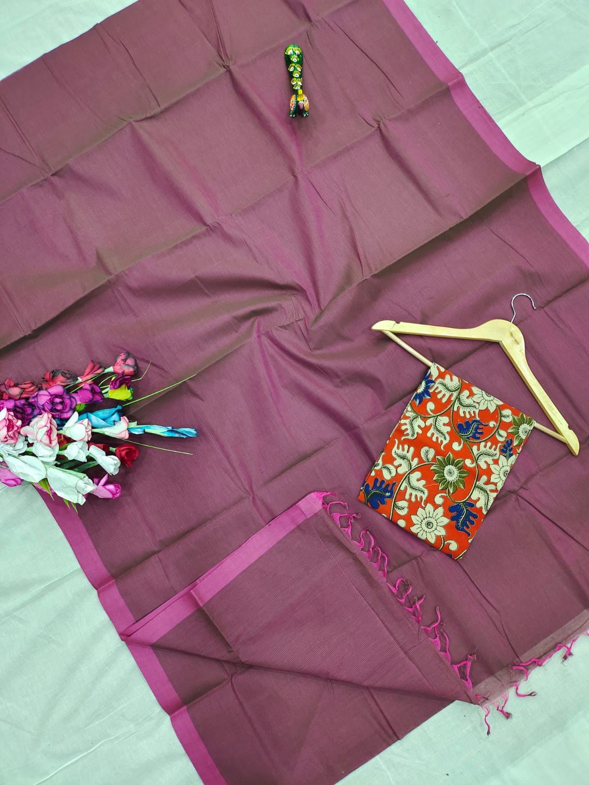 Mangalagiri pure handloom cotton plain double blouse saree
